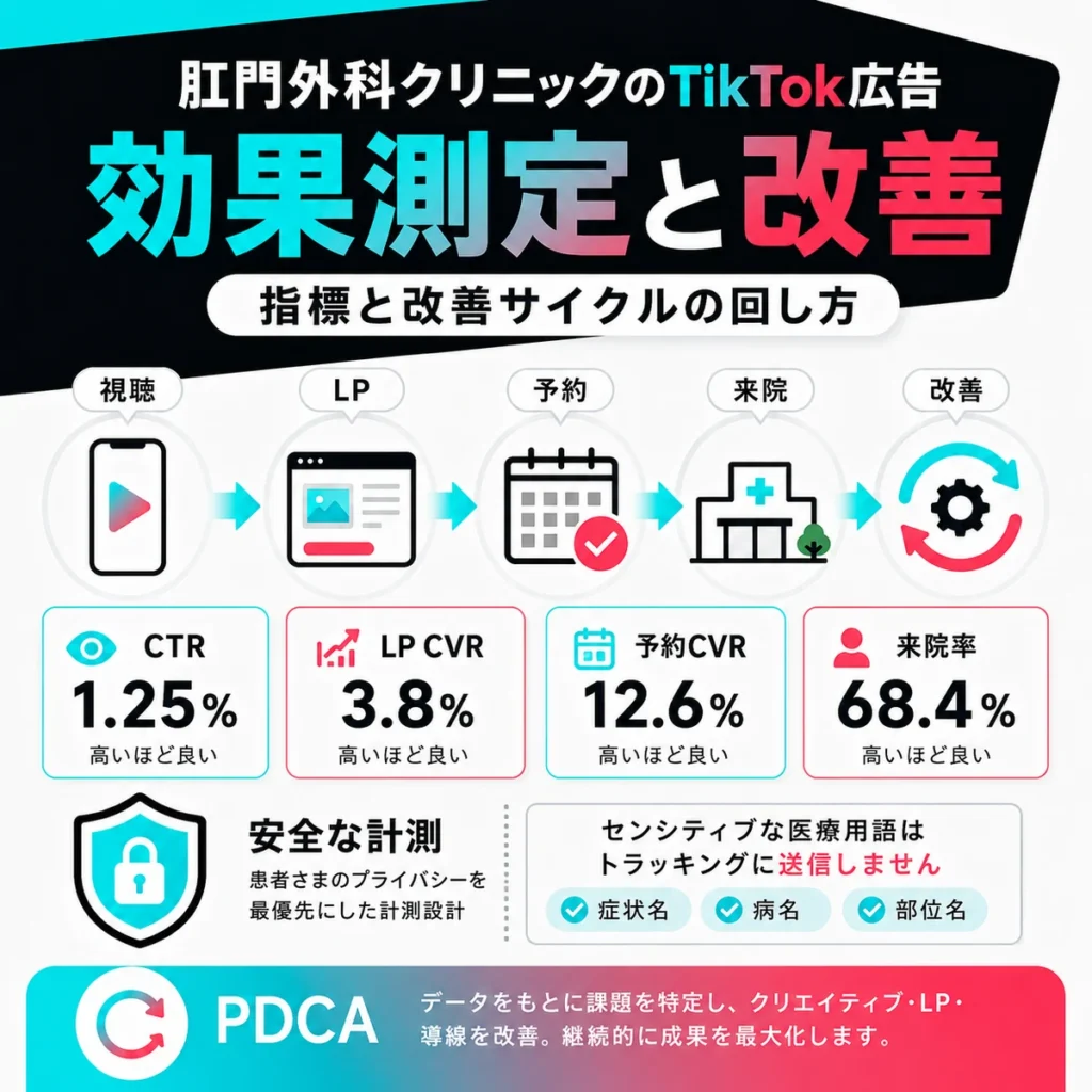 TikTok広告の視聴、LP、予約、来院、改善を測定するPDCAサイクルを示すイラスト