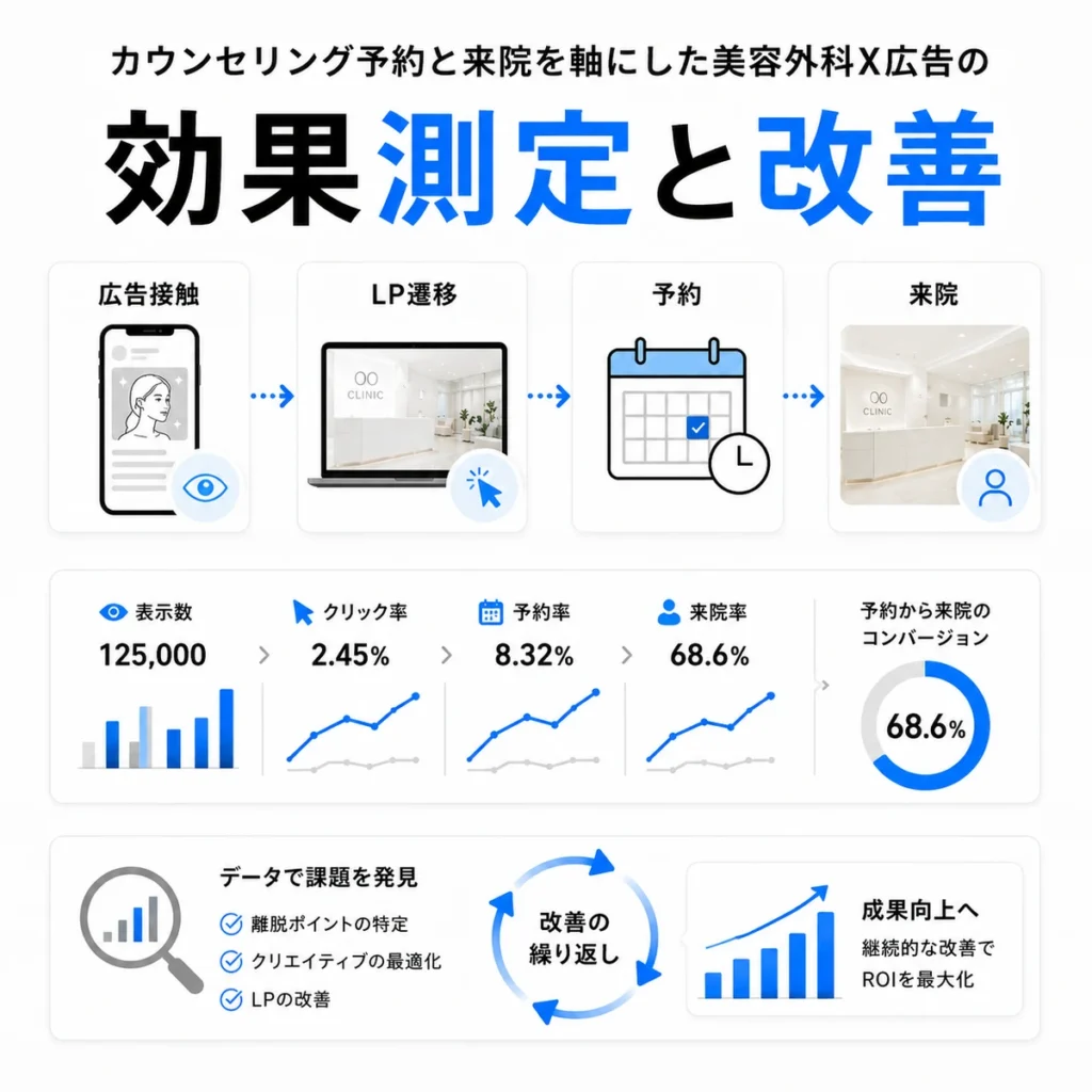 カウンセリング予約と来院を軸にX広告の効果測定と改善を行う流れを示すイラスト