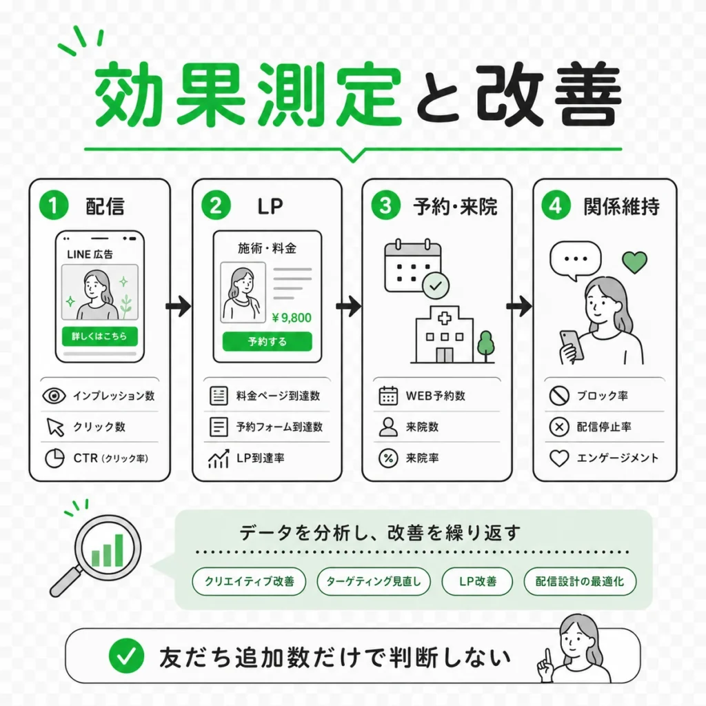 美容皮膚科のLINE広告を配信、LP、予約来院、関係維持の指標で改善する流れを示すイラスト