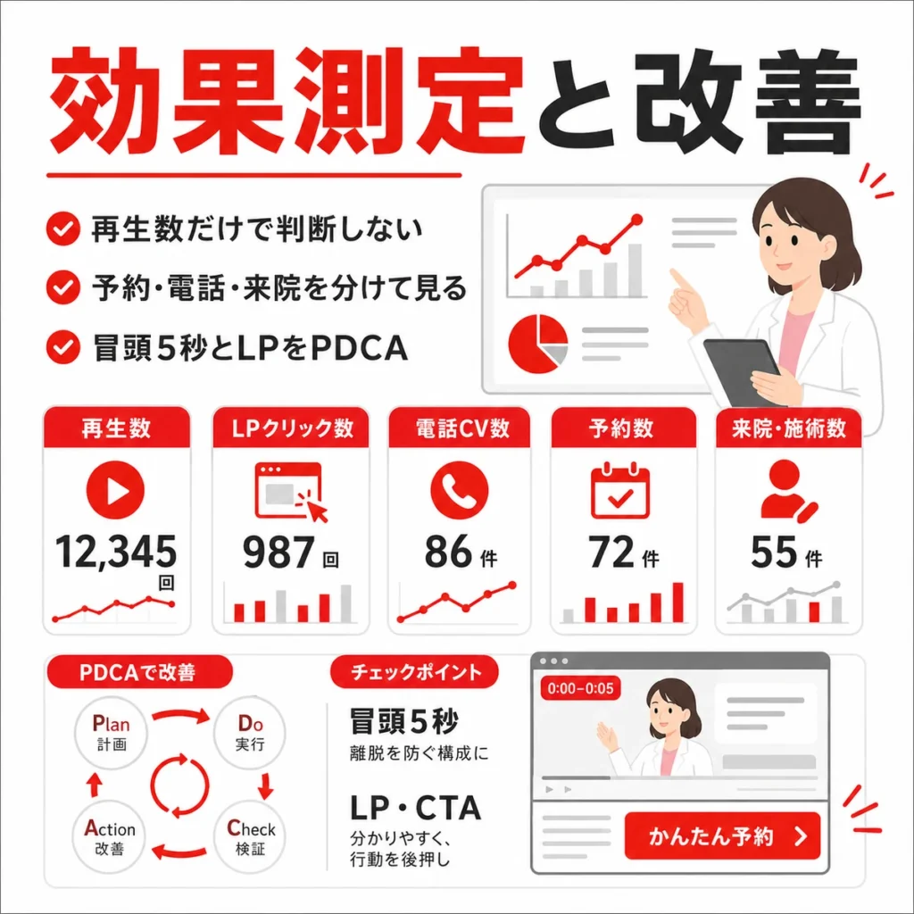 精神科クリニックのYouTube広告で見るべき効果測定と改善指標を示すイラスト