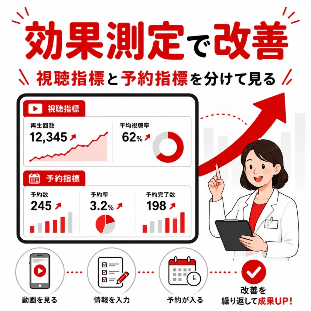 視聴指標と予約指標を分けてYouTube広告の効果測定と改善を行うイラスト
