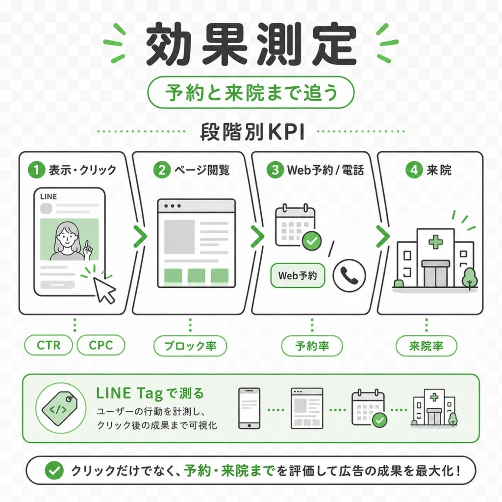 皮膚科LINE広告の効果測定でクリックからWeb予約や電話や来院まで段階別KPIを追う流れを示すイラスト