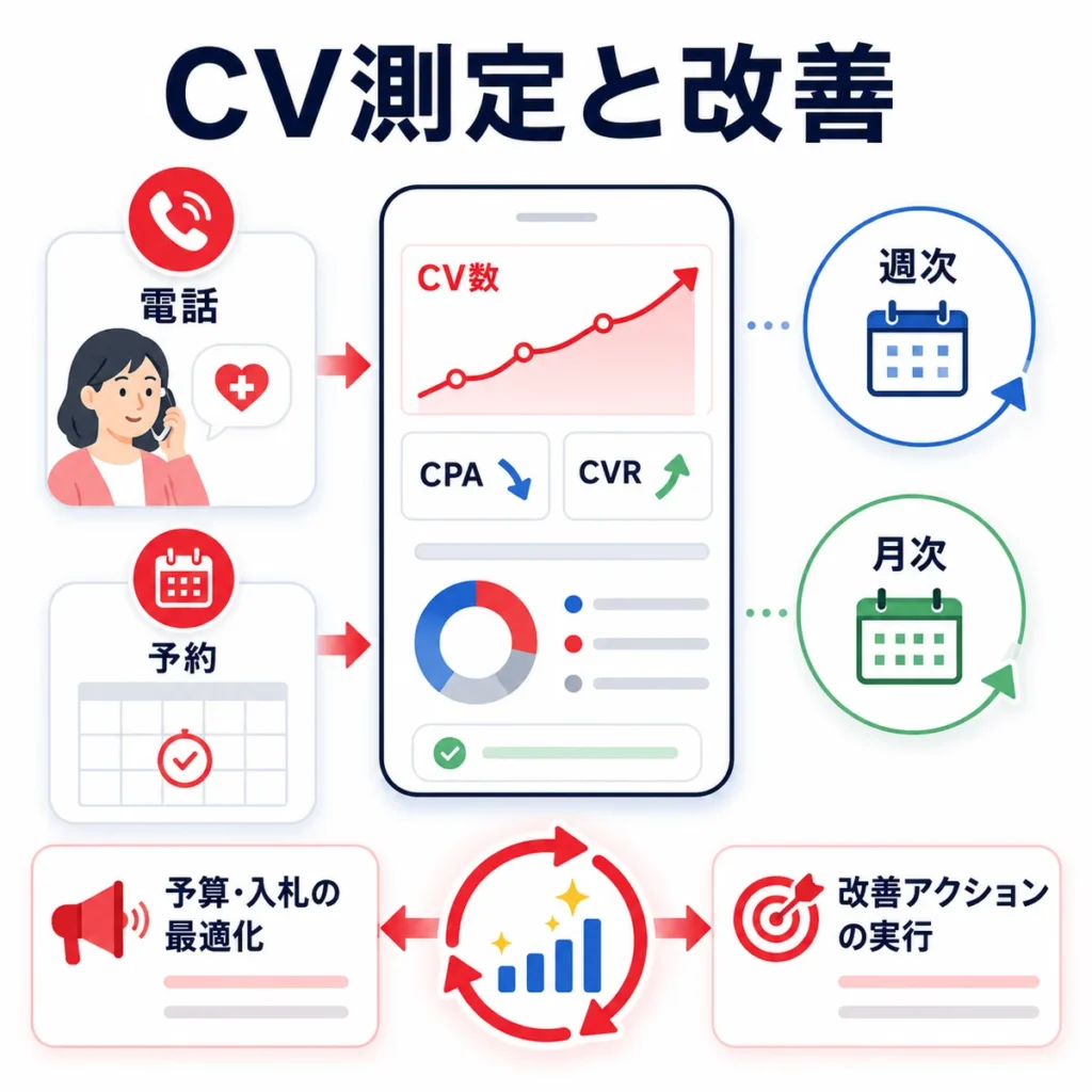 緩和ケア広告の電話相談・予約CVを測定し週次月次で改善する流れを示すイラスト