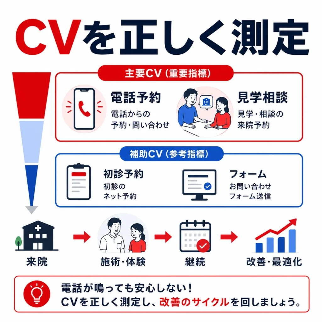 電話予約や見学相談などのCVを正しく測定し来院や継続、改善につなげる流れを示すイラスト