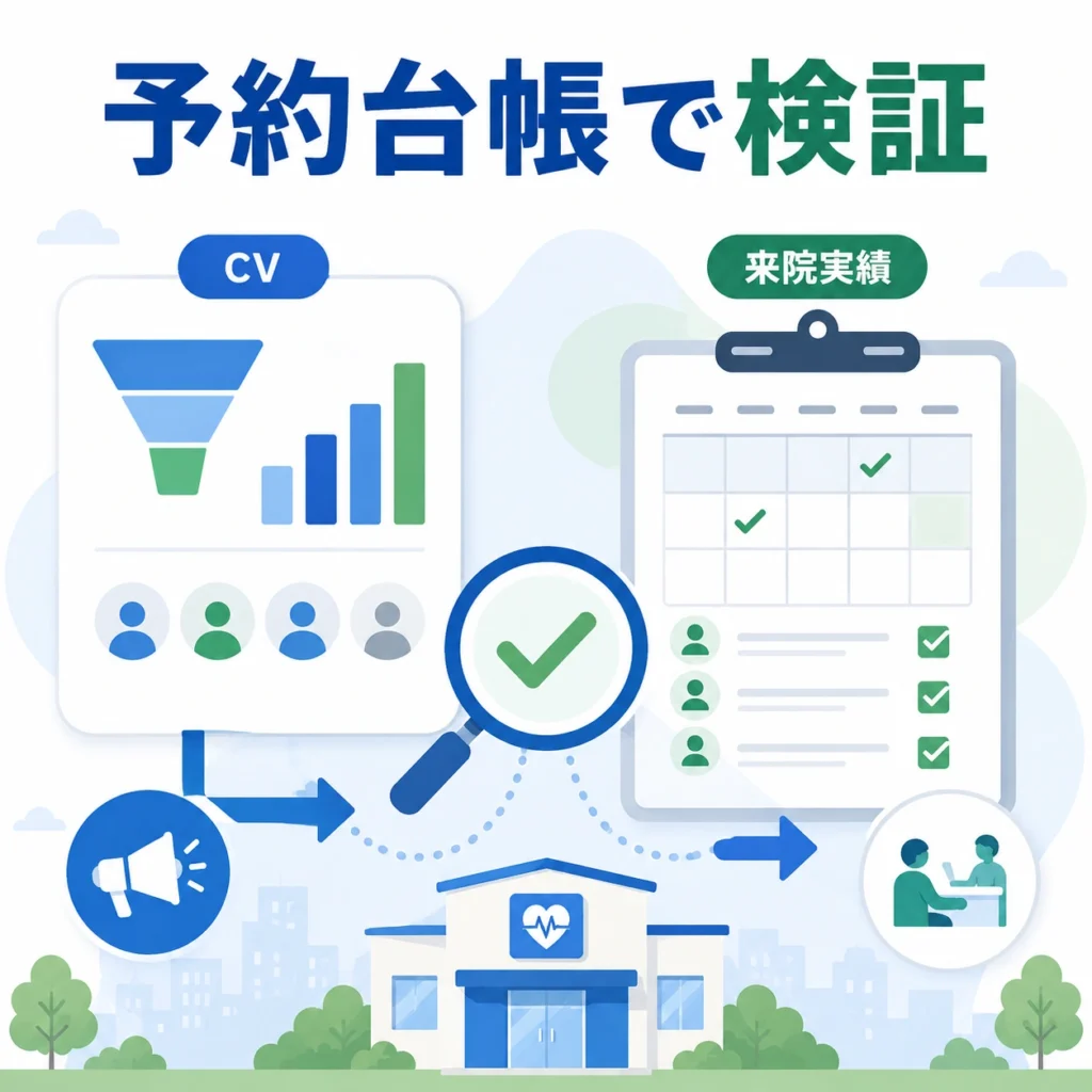 広告CVと予約台帳・来院実績を照合して改善する流れを示すイラスト
