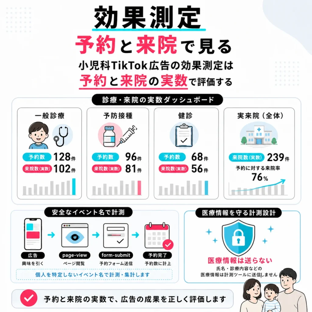 小児科TikTok広告の効果を予約数と来院実数で評価するダッシュボード風イラスト