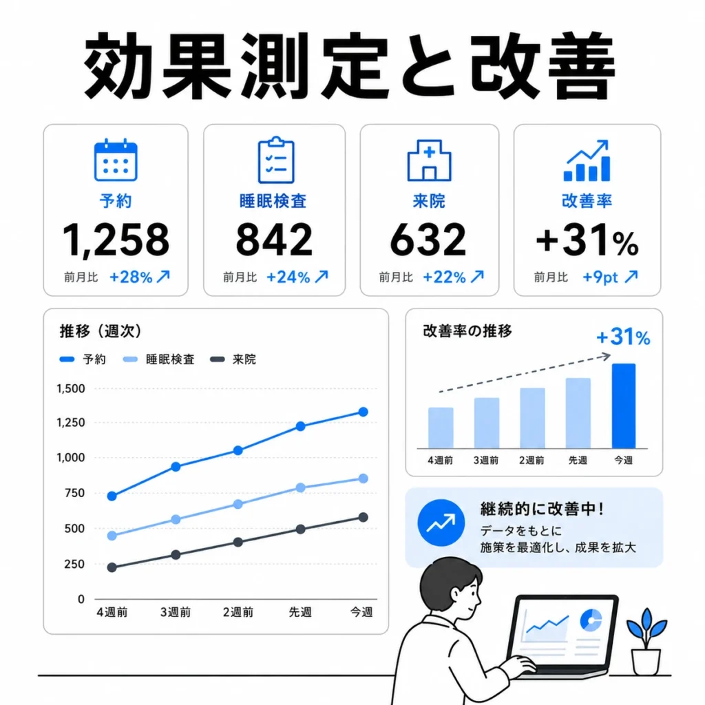 予約数、睡眠検査数、来院数をもとにX広告の効果測定と改善を行うイラスト