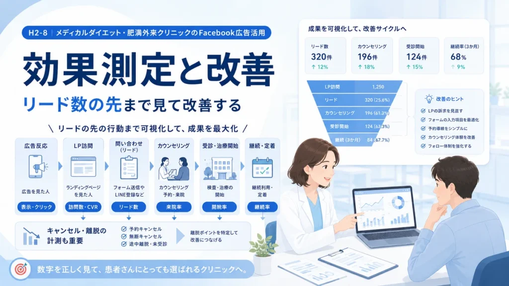 リード数の先にある相談や受診や継続まで効果測定して改善する流れを示すイラスト