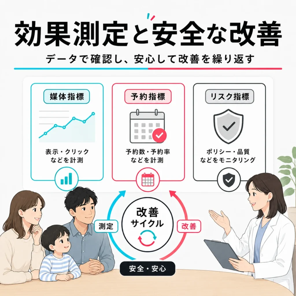 媒体指標、予約指標、リスク指標を分けて安全に改善サイクルを回す方法を示すイラスト