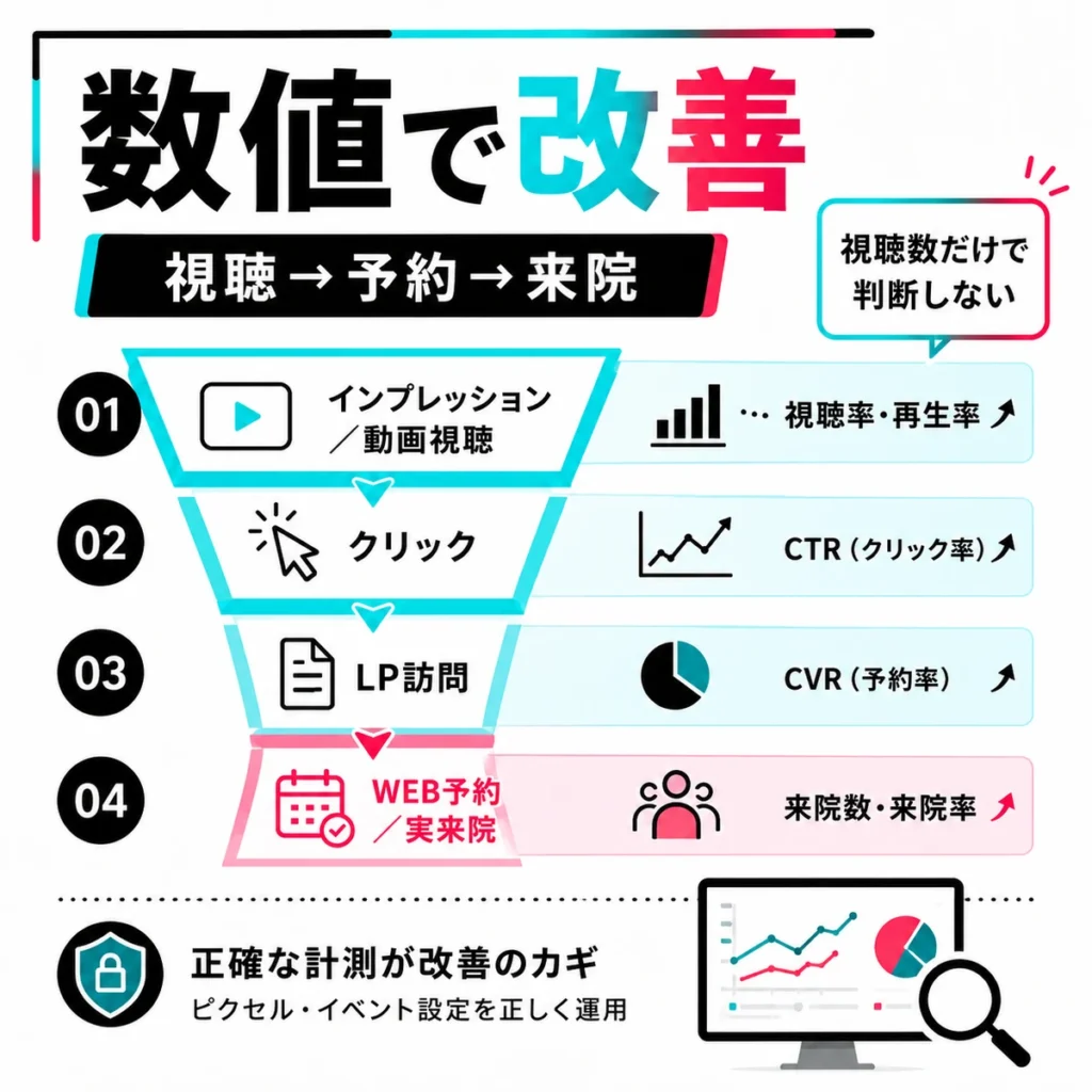 動画視聴から予約や来院までを分けて計測し改善する流れを示すイラスト