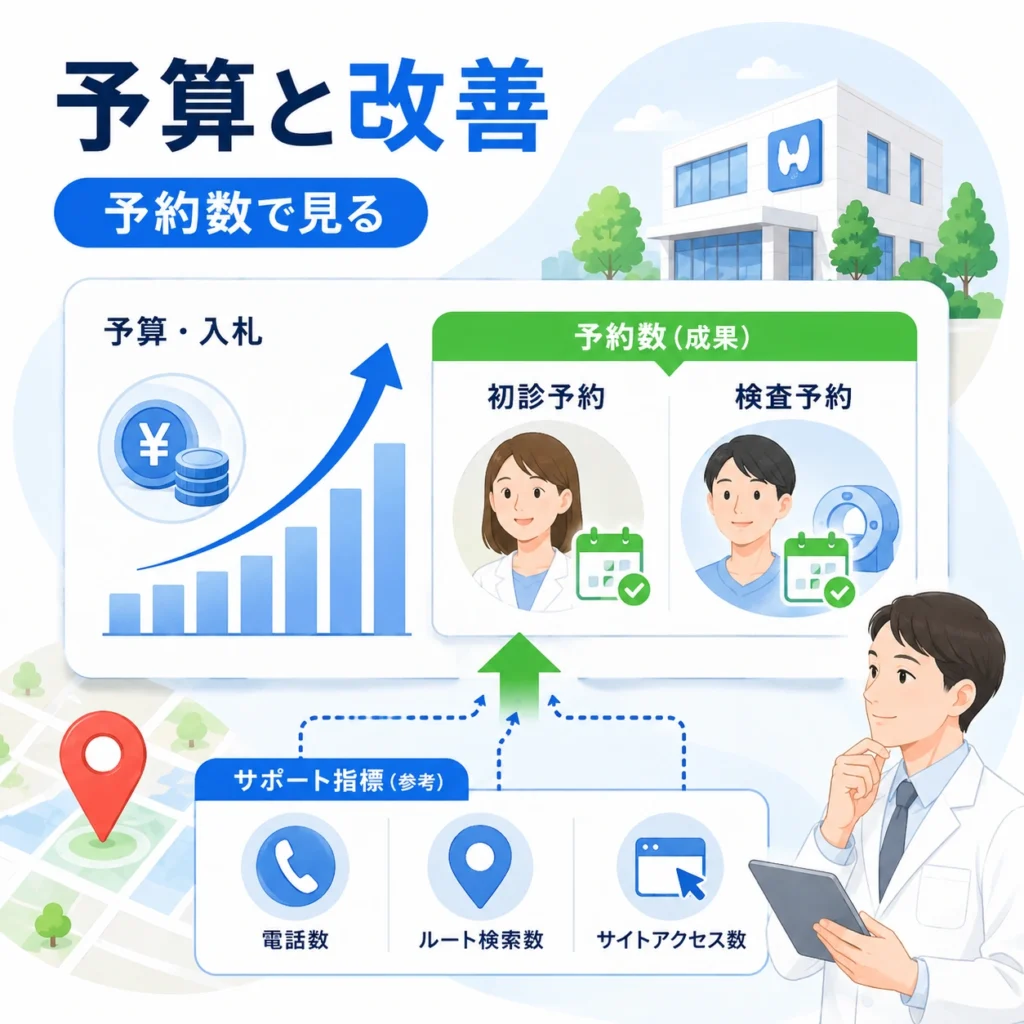 予算や入札だけでなく、初診予約・検査予約の数を見ながら広告改善する流れを示すイラスト