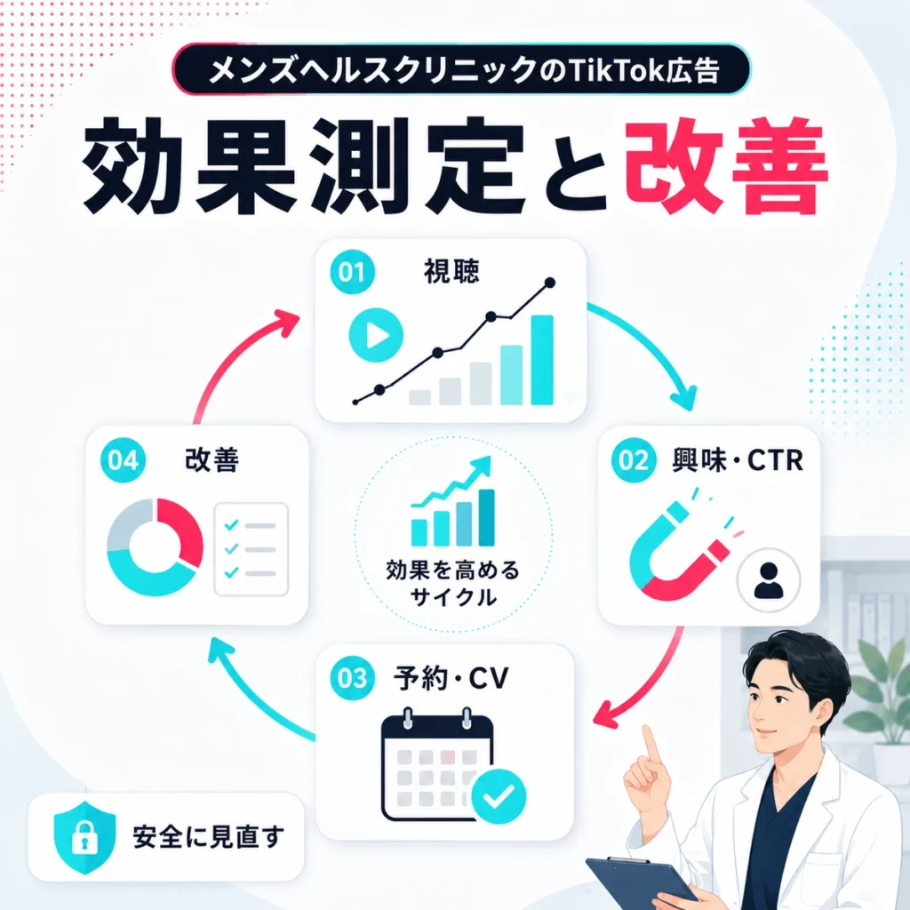 メンズヘルスクリニックのTikTok広告における効果測定と改善サイクルを示すイラスト