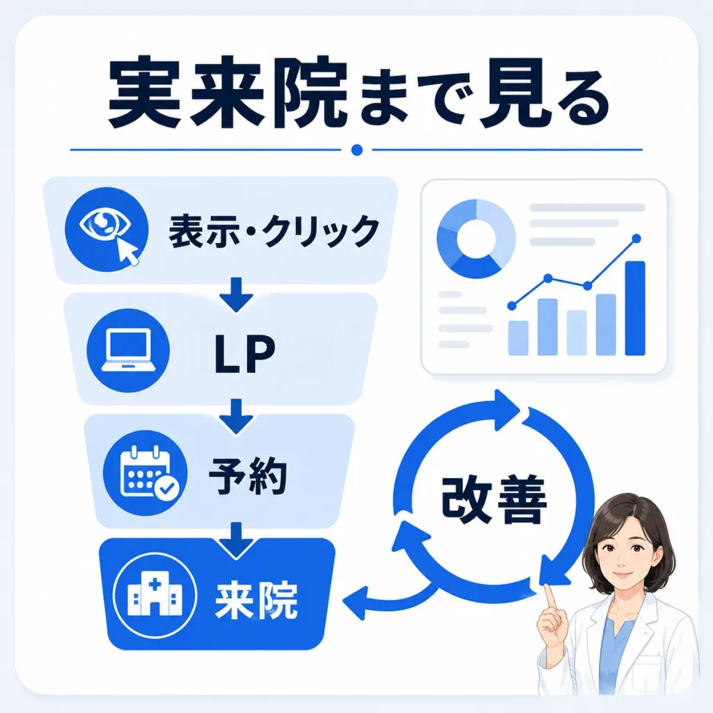 表示やクリックから予約、実来院までを見て改善する効果測定のイラスト