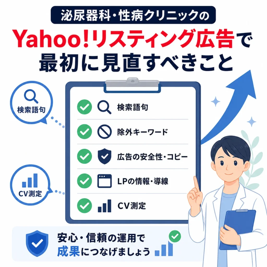 検索語句・除外キーワード・広告文・LP情報・CV測定を最初に見直すチェックリストのイラスト