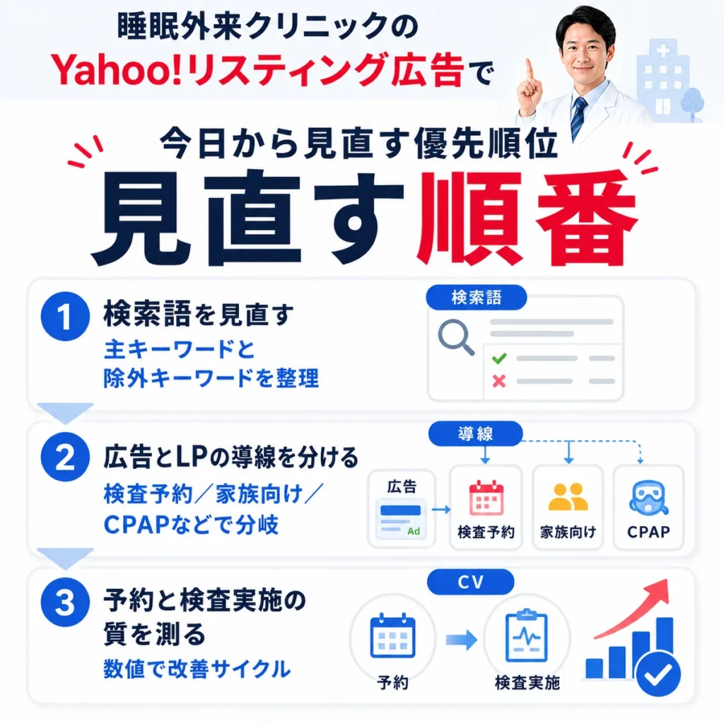 睡眠外来クリニックのYahoo!リスティング広告で検索語・導線・CVを順番に見直す優先順位を示すイラスト