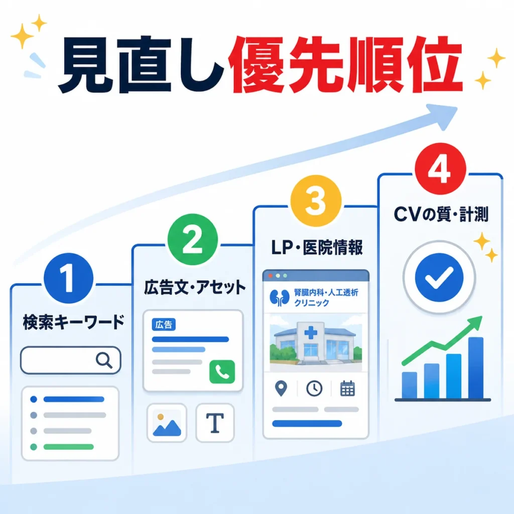 検索キーワード、広告文、LP、CV計測の順にYahoo!リスティング広告を見直す優先順位を示すイラスト