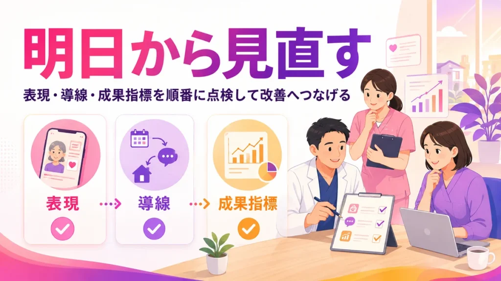 訪問診療のInstagram広告で表現・導線・成果指標を見直すイラスト