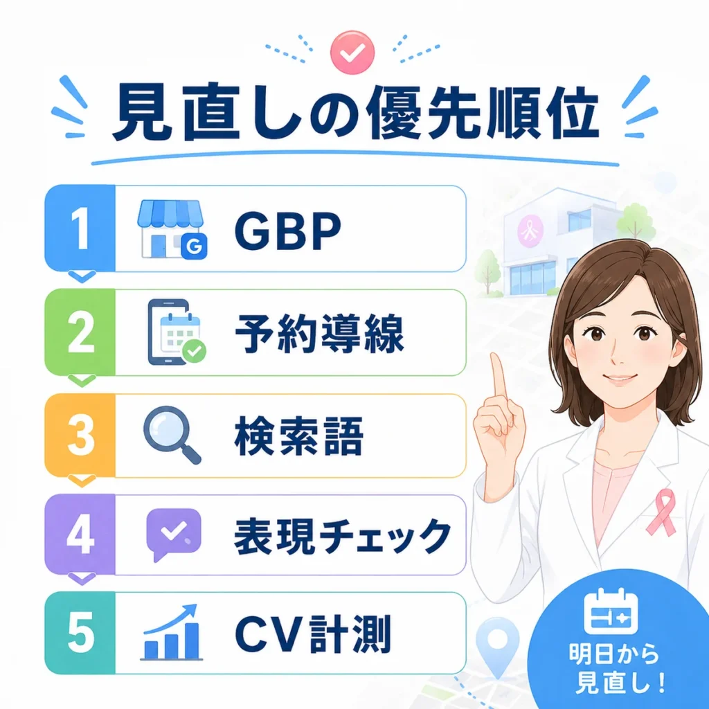 乳腺外科クリニックがGoogleマップ広告で明日から見直すべき優先順位を示すまとめイラスト