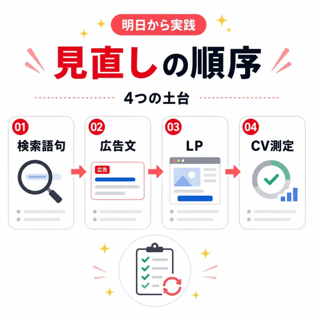 検索語句・広告文・LP・CV測定の順に形成外科広告を見直す手順を示すまとめイラスト