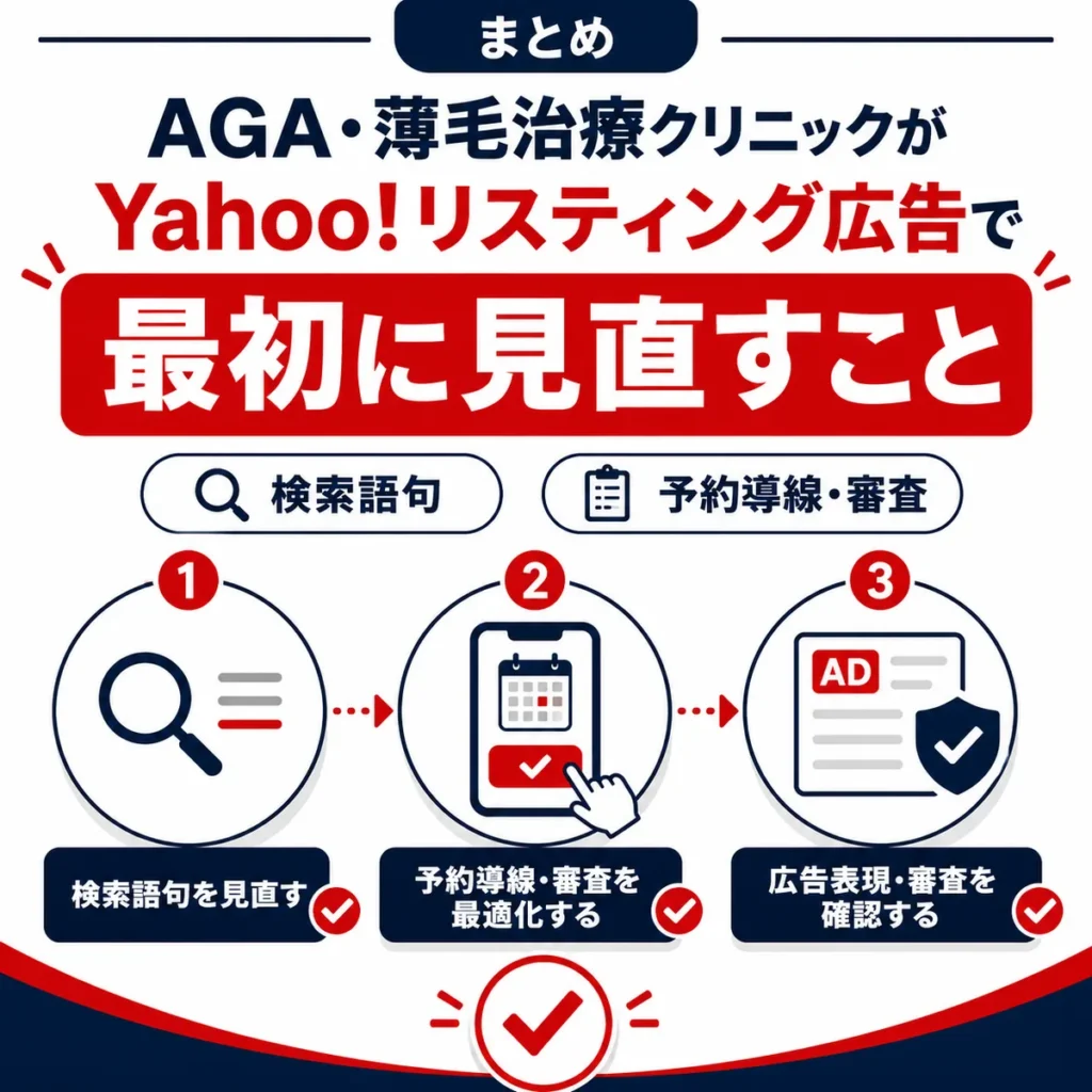 AGA・薄毛治療クリニックがYahoo!リスティング広告で最初に見直すべき検索語句・予約導線・審査をまとめたイラスト