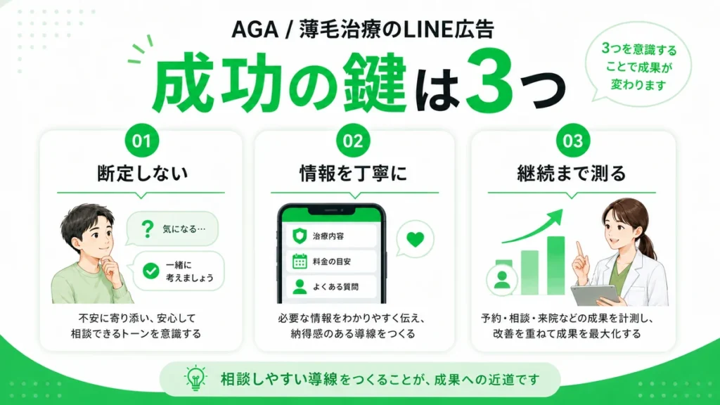 AGA・薄毛治療クリニックのLINE広告集患で大切な断定しない表現、丁寧な情報提供、継続測定をまとめたイラスト