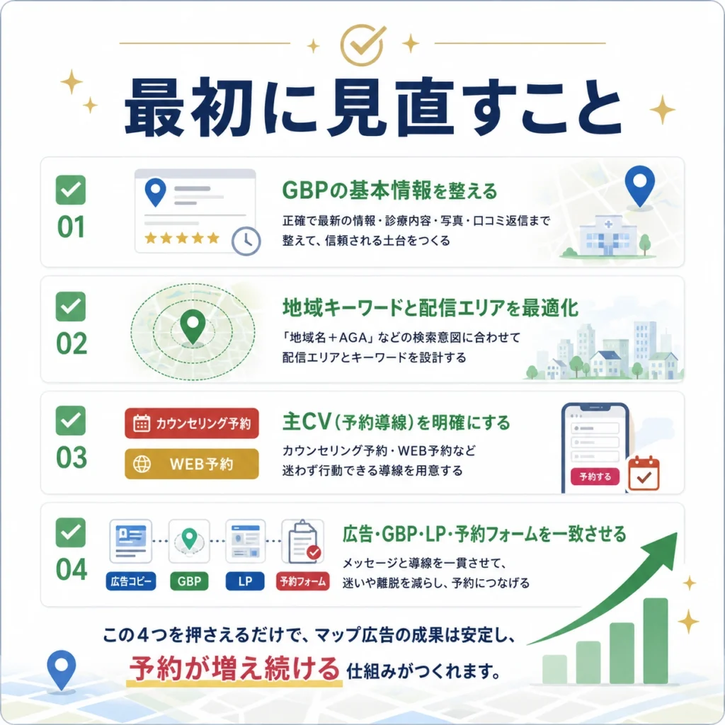AGA・薄毛治療クリニックがマップ広告で最初に見直すべき項目をチェックリストで整理したまとめイラスト
