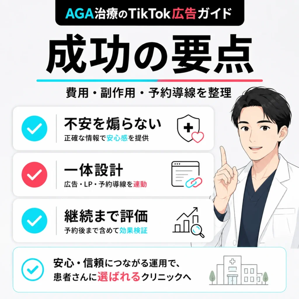 AGA・薄毛治療クリニックのTikTok広告で不安を煽らず一体設計と継続評価を行う要点をまとめたイラスト