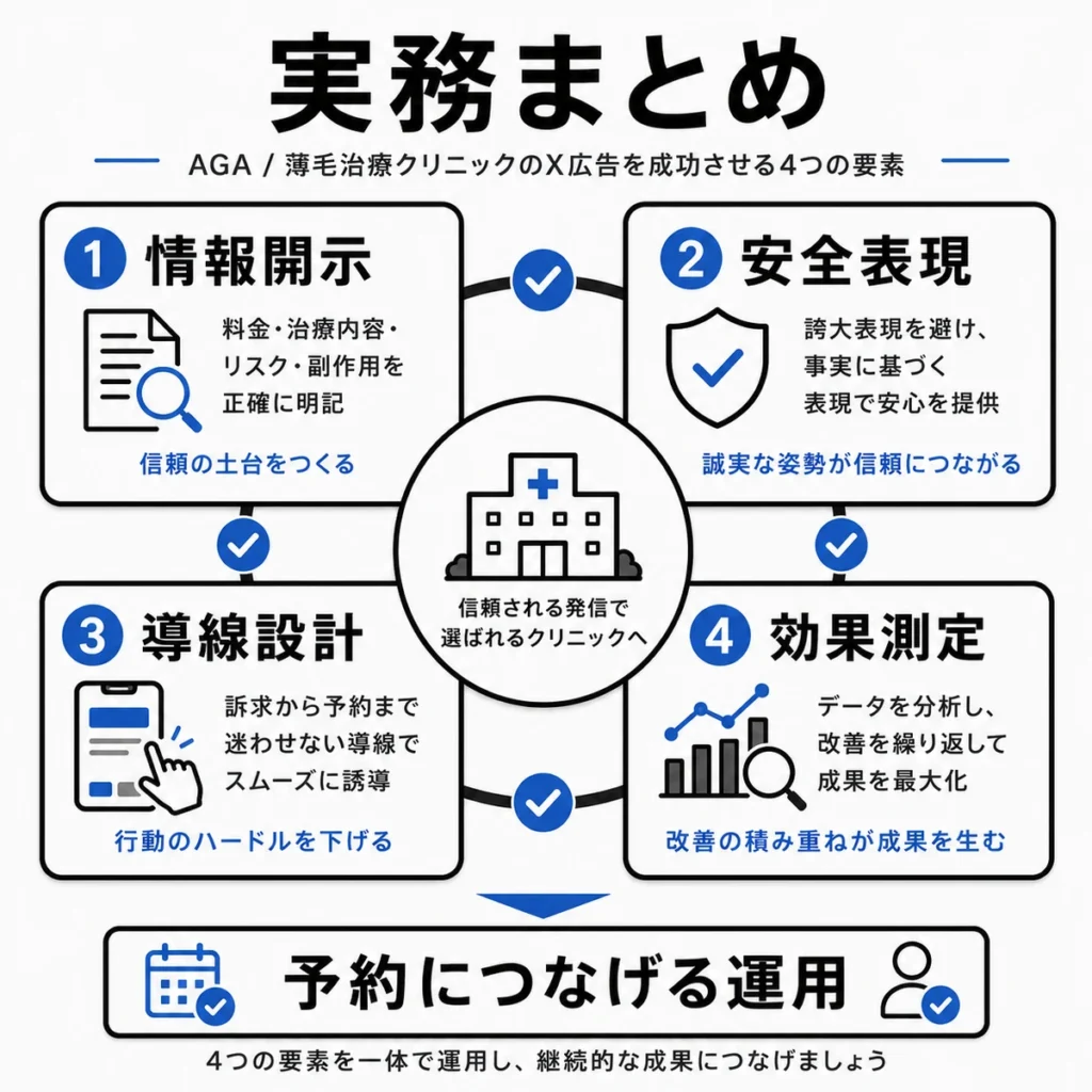 AGAクリニックのX広告運用で重要な情報開示、安全表現、導線設計、効果測定をまとめたイラスト