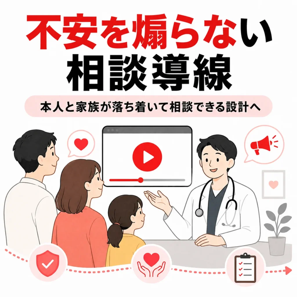 検査コースと予約導線を分かりやすく伝え、受診予約と企業問い合わせにつなげるまとめイラスト