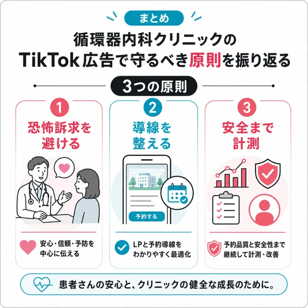 循環器内科クリニックのTikTok広告で守るべき原則を3つに整理したまとめイラスト