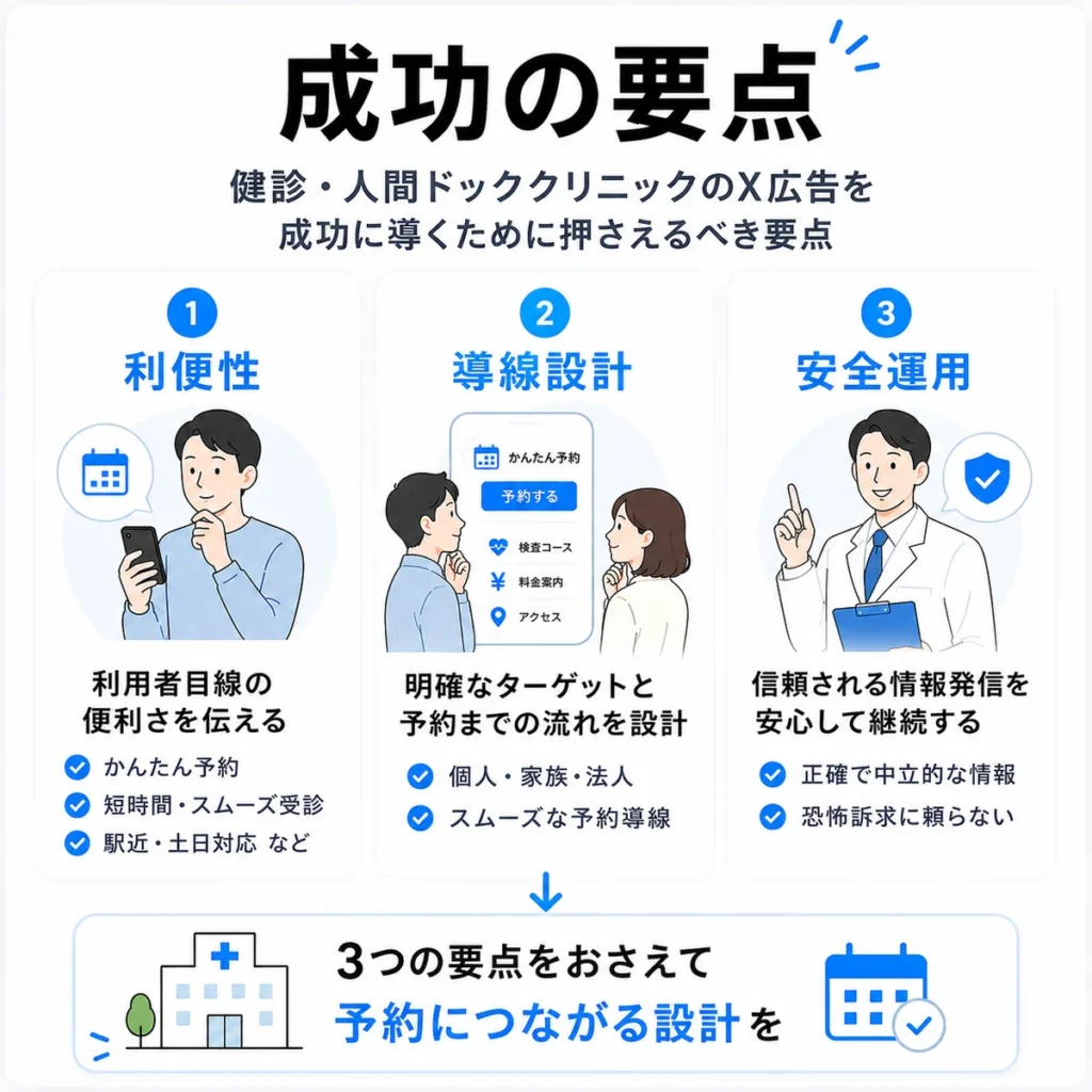 健診・人間ドッククリニックのX広告を成功に導く利便性、導線設計、安全運用の要点を示すイラスト