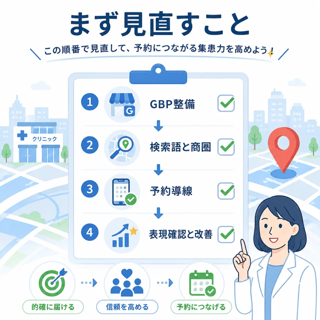 下肢静脈瘤治療クリニックがGBP整備、検索語と商圏、予約導線、表現確認を順番に見直すイラスト