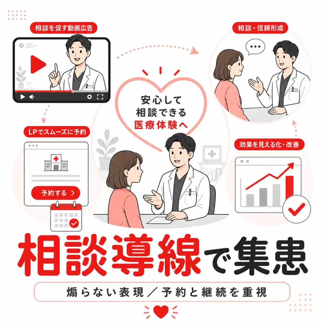 体型不安を煽らず相談導線で集患するメディカルダイエット広告のまとめイラスト