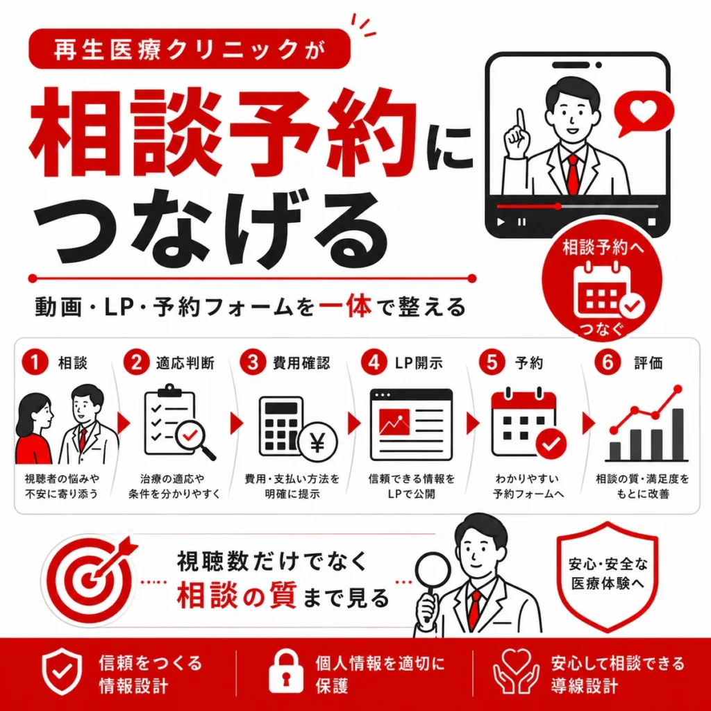 再生医療クリニックのYouTube広告を動画からLP、予約フォームまで一体で整えて相談予約につなげる要点を示すイラスト