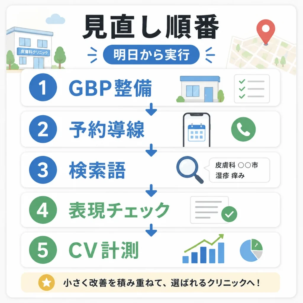 皮膚科のGoogleマップ広告でGBP整備からCV計測まで明日から見直す順番を示すまとめ用イラスト
