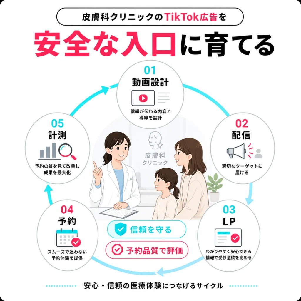 皮膚科TikTok広告を動画設計から計測まで安全な受診相談の入口として育てるイラスト