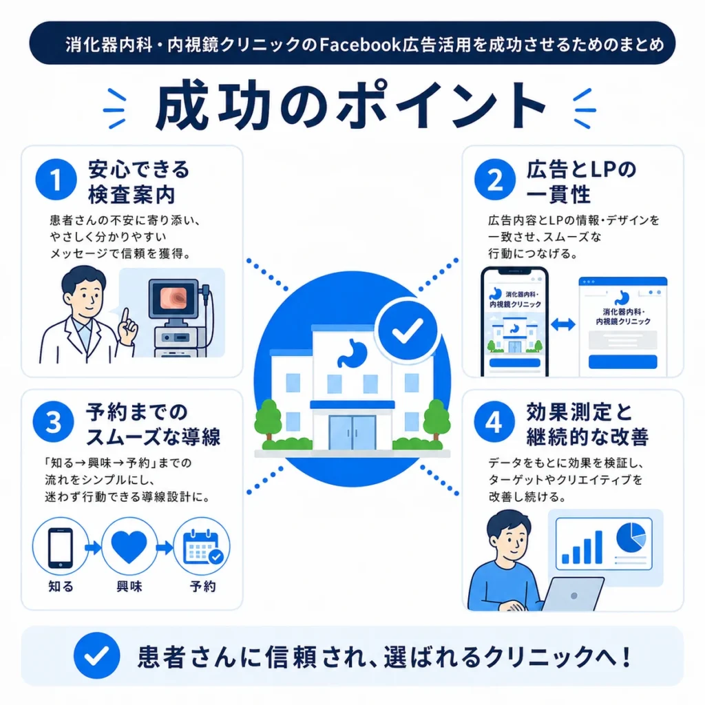 消化器内科・内視鏡クリニックのFacebook広告活用を成功させる要点をまとめたイラスト