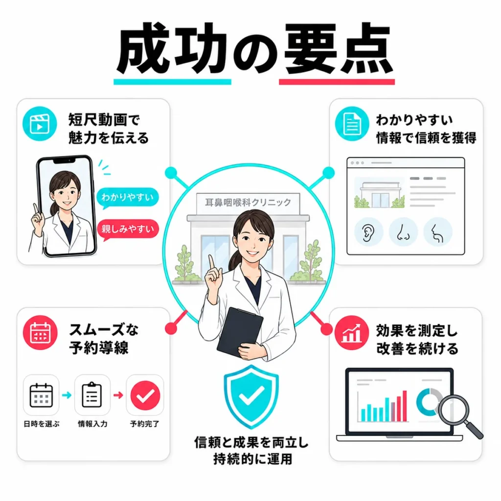 耳鼻咽喉科クリニックのTikTok広告活用を成功させるための要点をまとめたイラスト