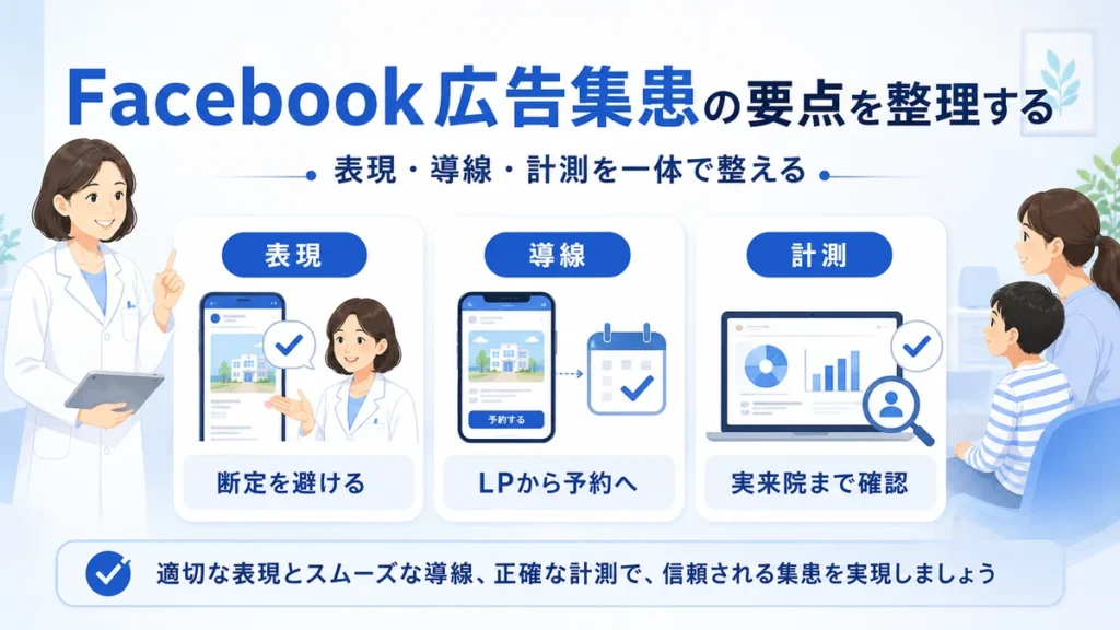アレルギー科クリニックのFacebook広告集患で表現、導線、計測を一体で整える要点を示すイラスト