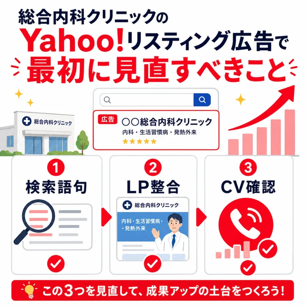 総合内科クリニックのYahoo!リスティング広告で最初に見直す検索語句・LP整合・CV確認を示すイラスト