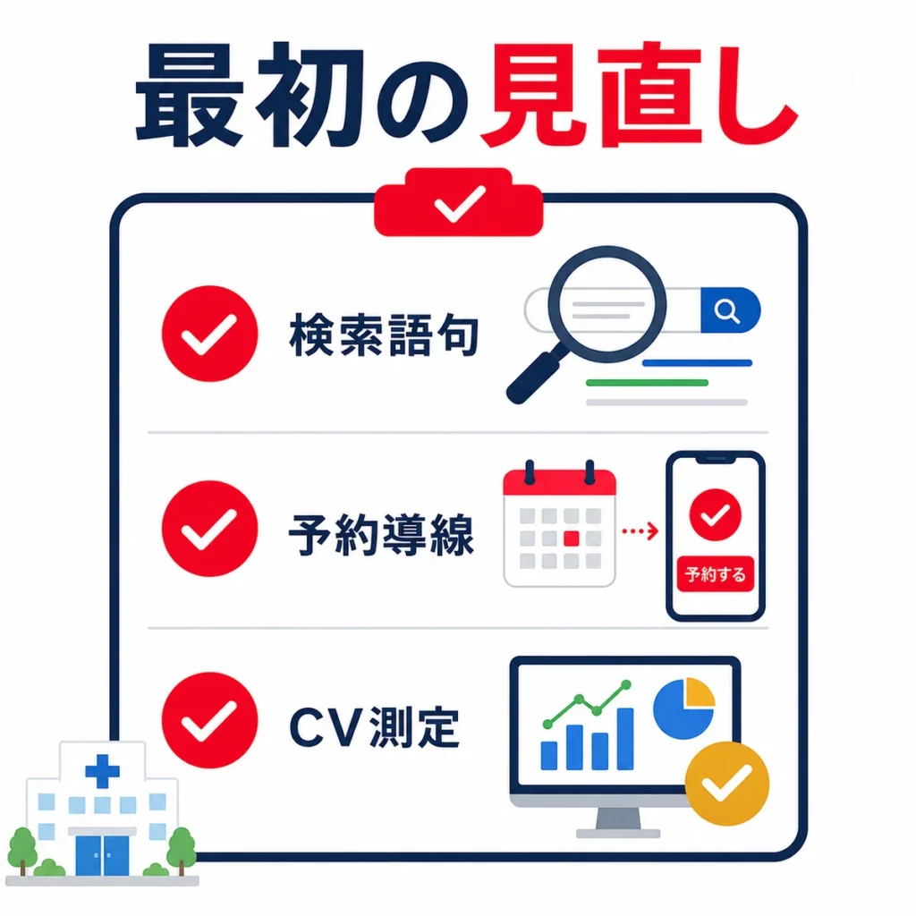 検索語句・予約導線・CV測定など最初に見直すべき項目を示すチェックリスト風イラスト