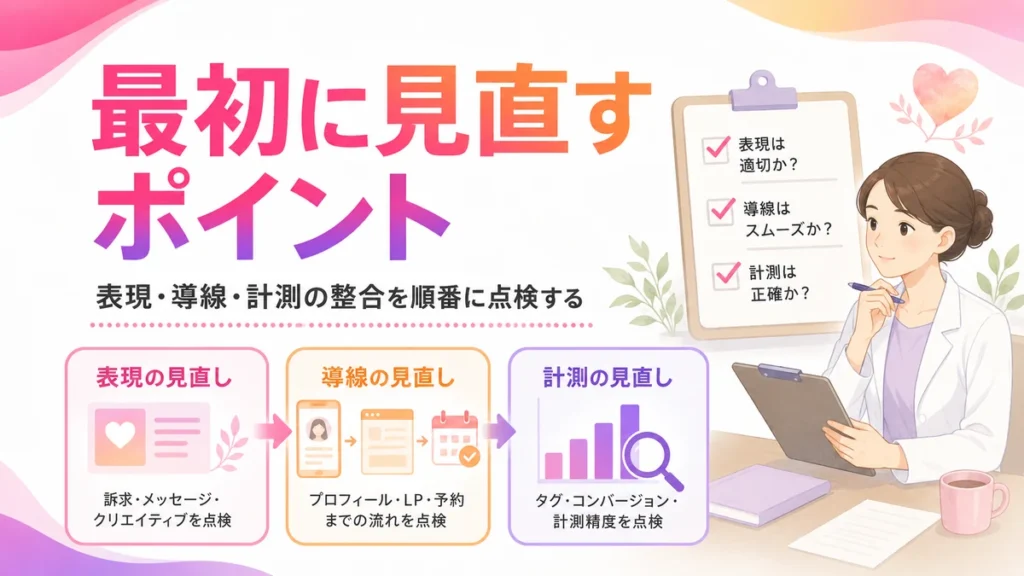 精神科クリニックのInstagram広告で最初に見直す点検項目の図解