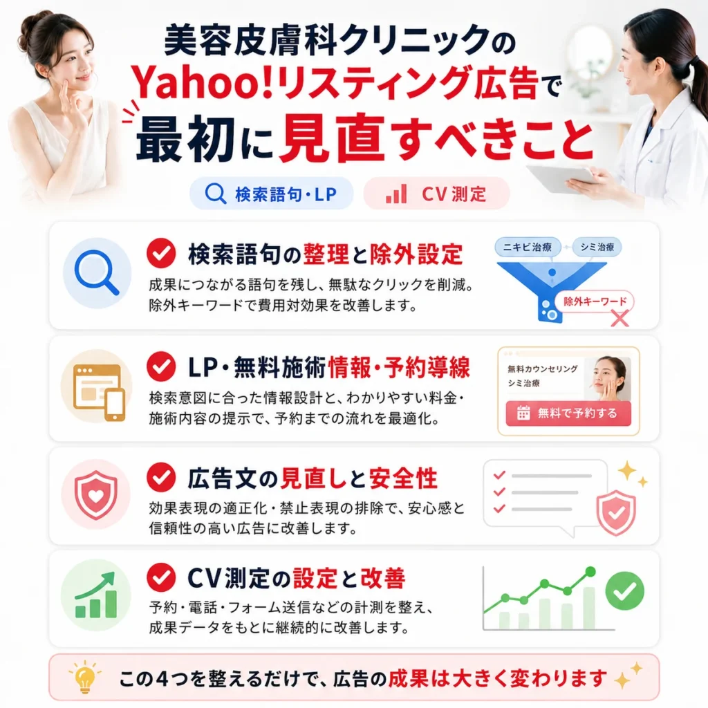 美容皮膚科クリニックのYahoo!リスティング広告で最初に見直すべき項目を整理したイラスト