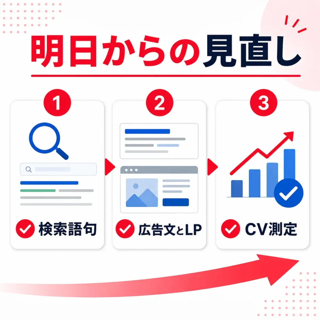 Yahoo!リスティング広告で明日から見直す検索語句・広告文とLP・CV測定を示すイラスト