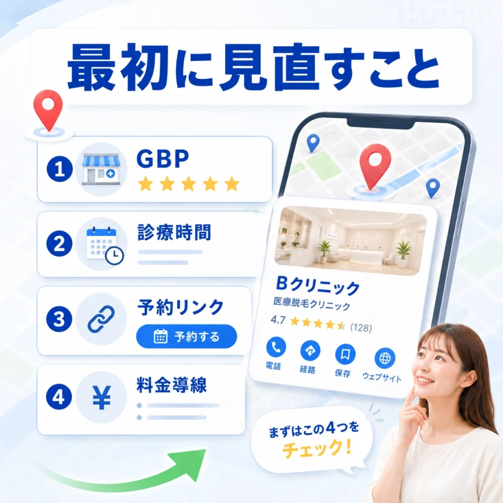 医療脱毛クリニックのマップ広告で最初に見直すGBP・診療時間・予約リンク・料金導線を示すイラスト