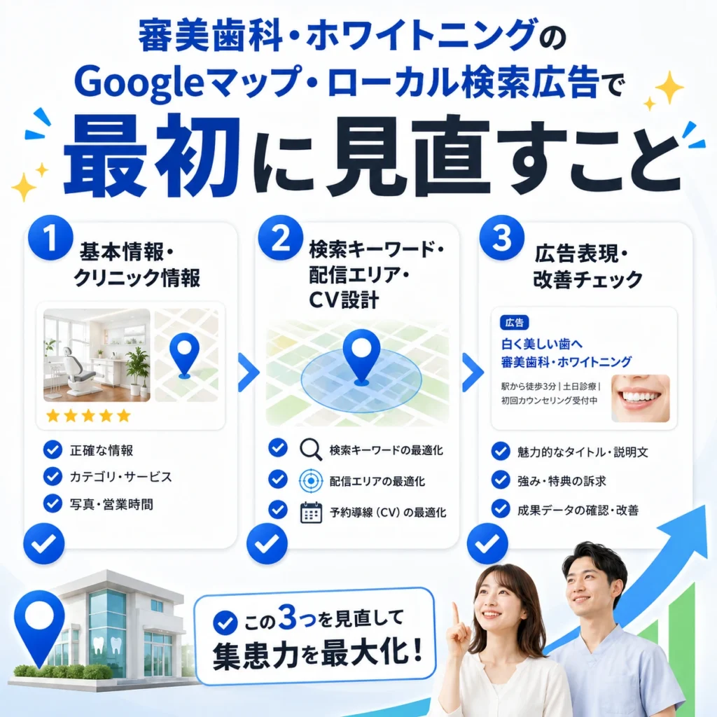 Googleマップ・ローカル検索広告で最初に見直すGBP情報や広告設計の順序を示すまとめイラスト