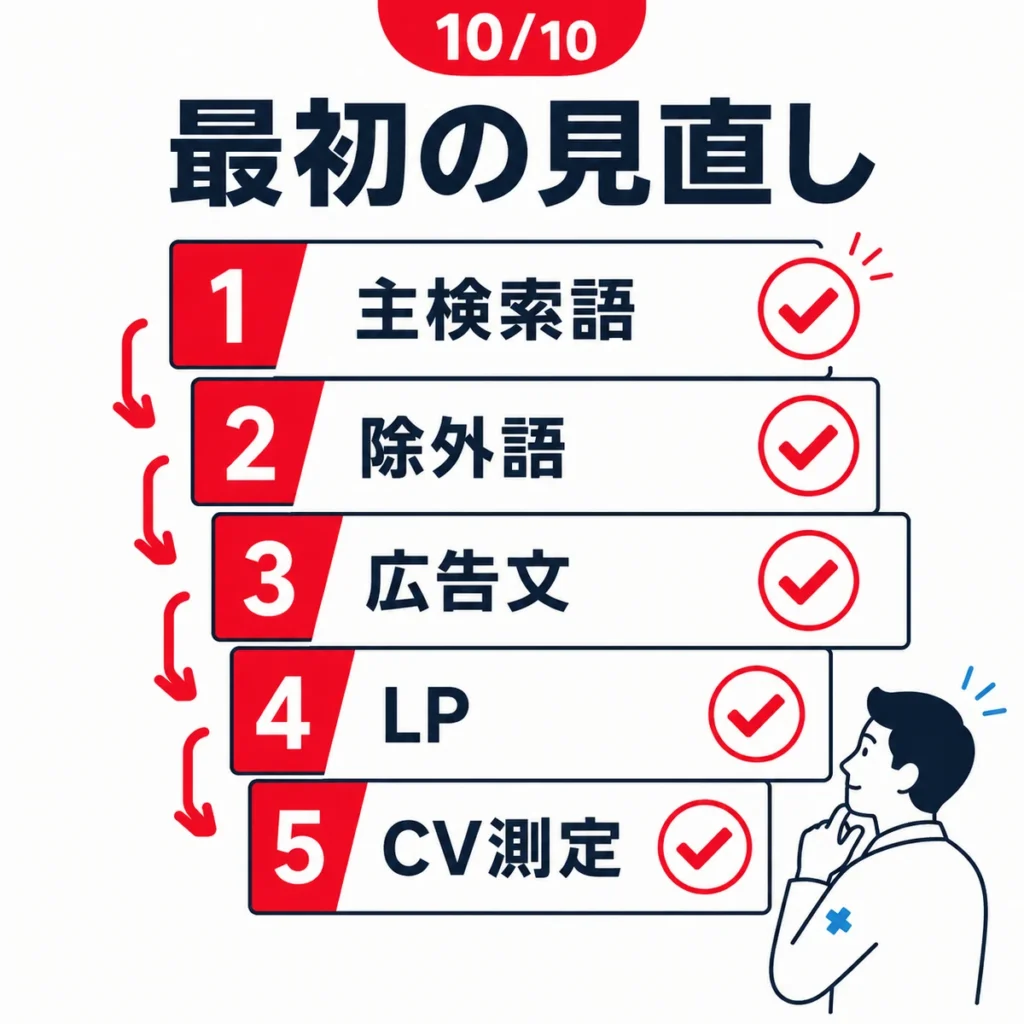 主検索語、除外語、広告文、LP、CV測定の順に整形外科広告で最初に見直す項目を示すチェックリスト画像