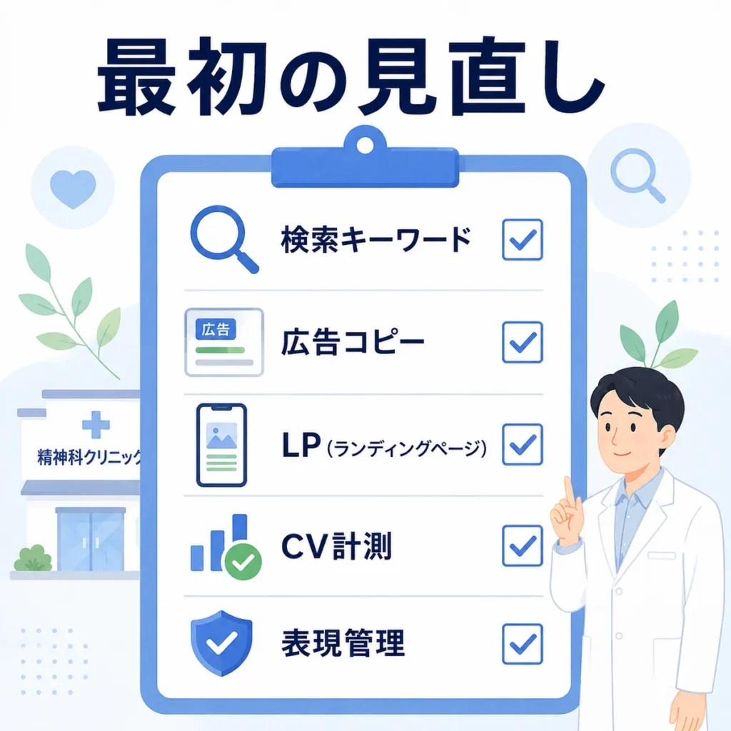 精神科のYahoo!リスティング広告で最初に見直すべき項目をチェックリストで示すイラスト
