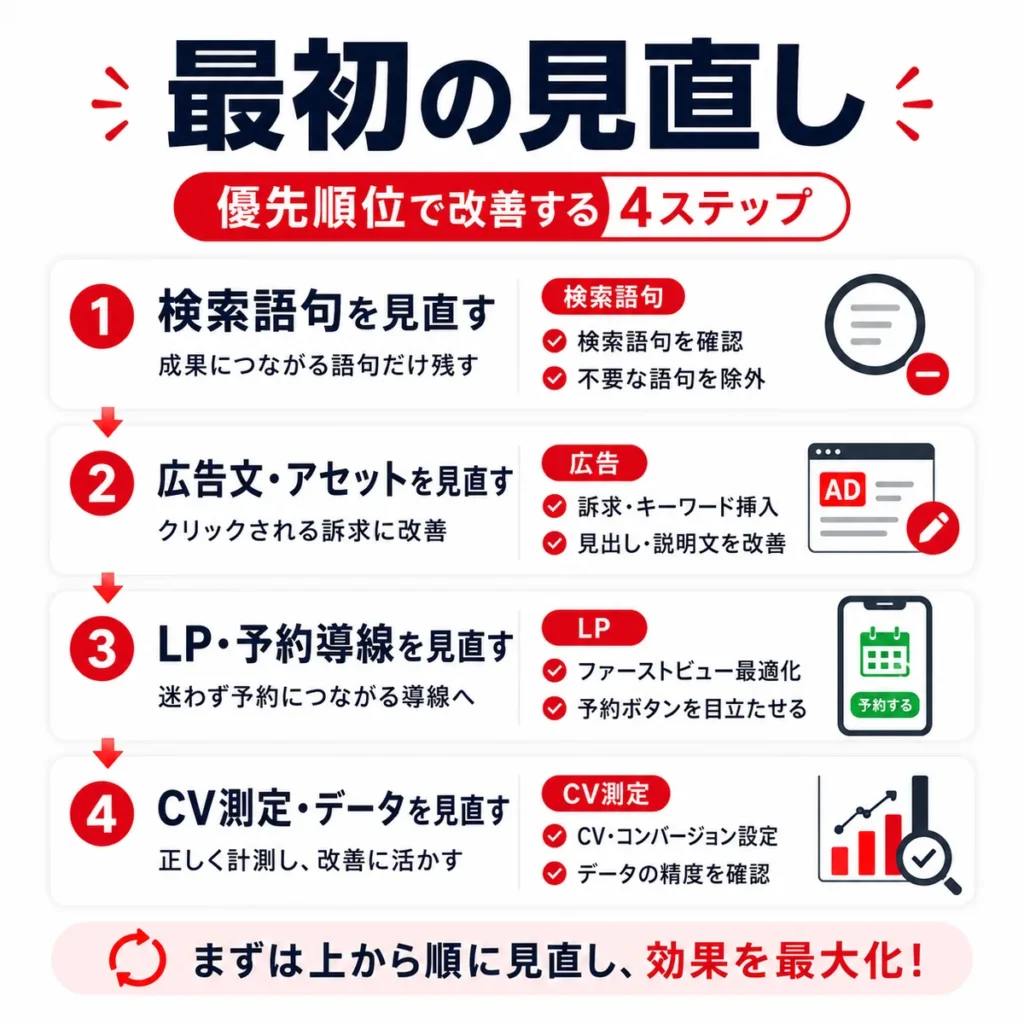 検索語句、広告文、LP、CV測定を順番に見直す漢方内科リスティング広告改善のまとめイラスト