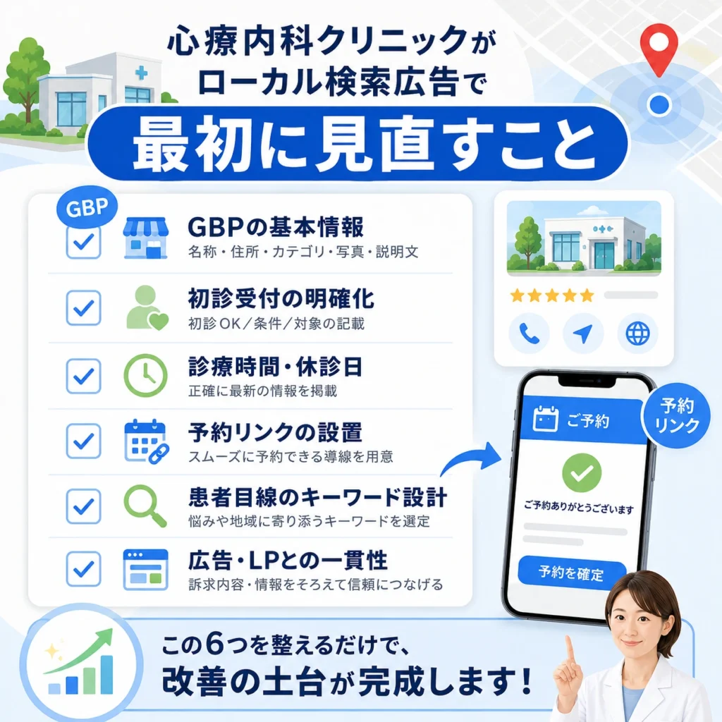 心療内科クリニックがGoogleマップとローカル検索広告で最初に見直すべき基本項目を示すイラスト